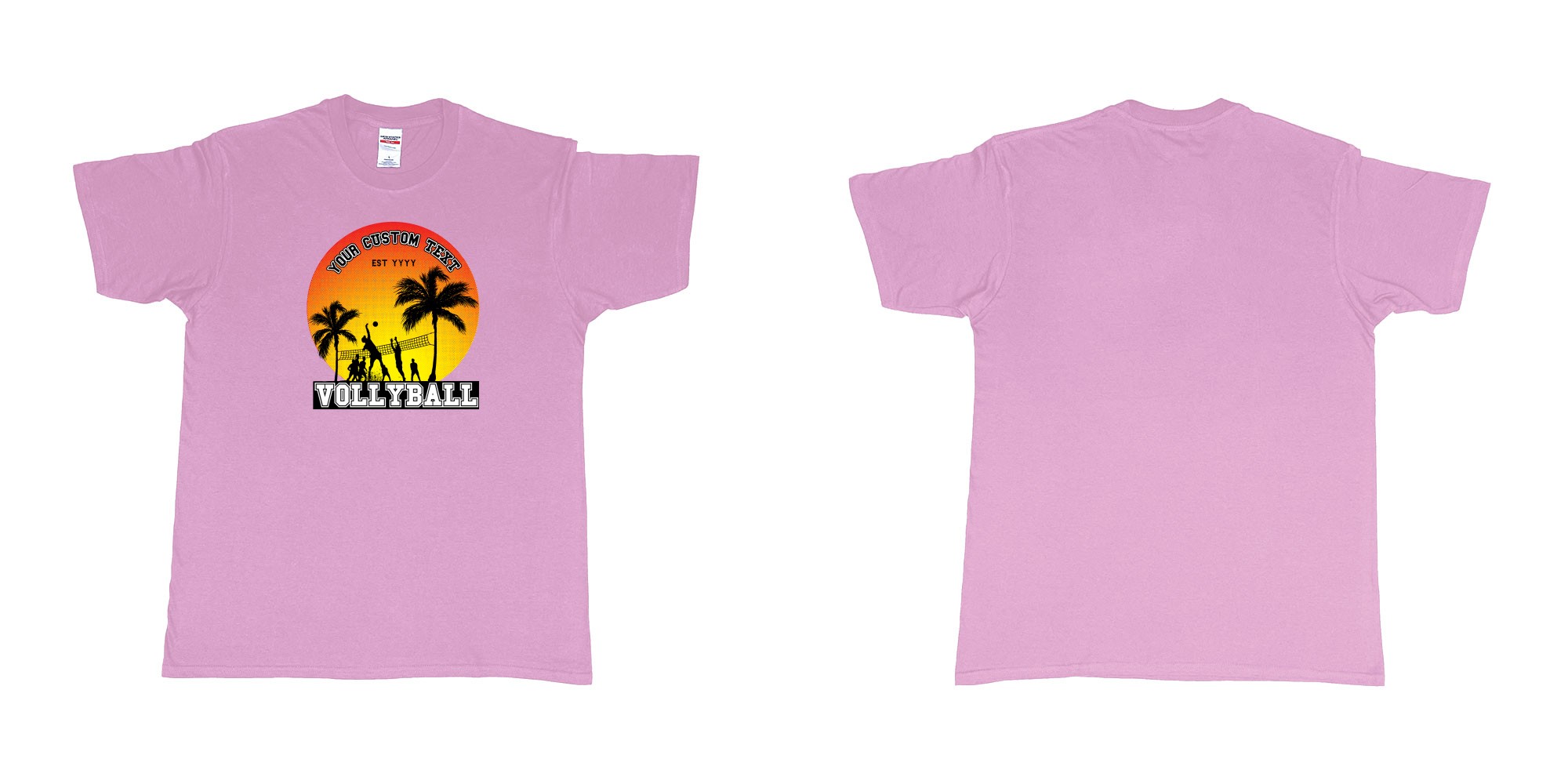 Custom tshirt design sunset volleyball t shirt with a sunset view and your custom print text and year in fabric color light-pink choice your own text made in Bali by The Pirate Way