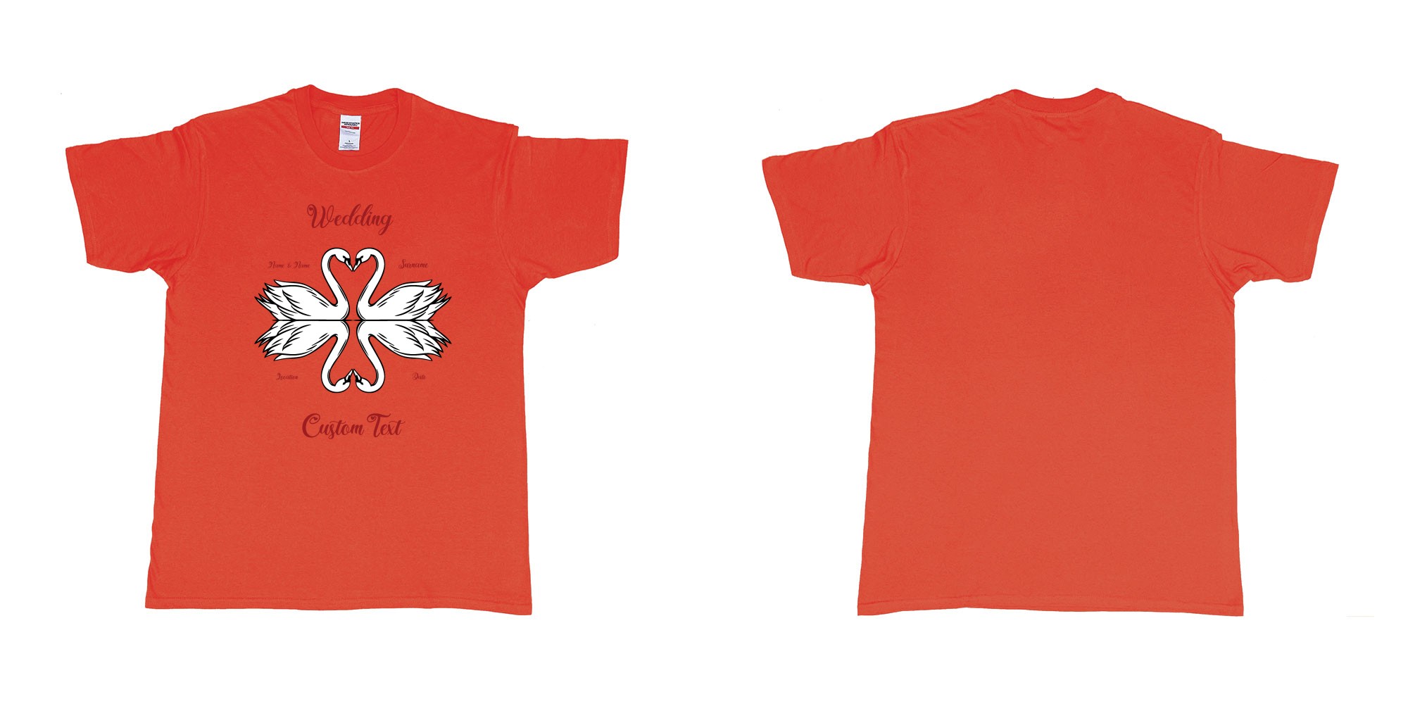Custom tshirt design swans hearts reflection in fabric color red choice your own text made in Bali by The Pirate Way