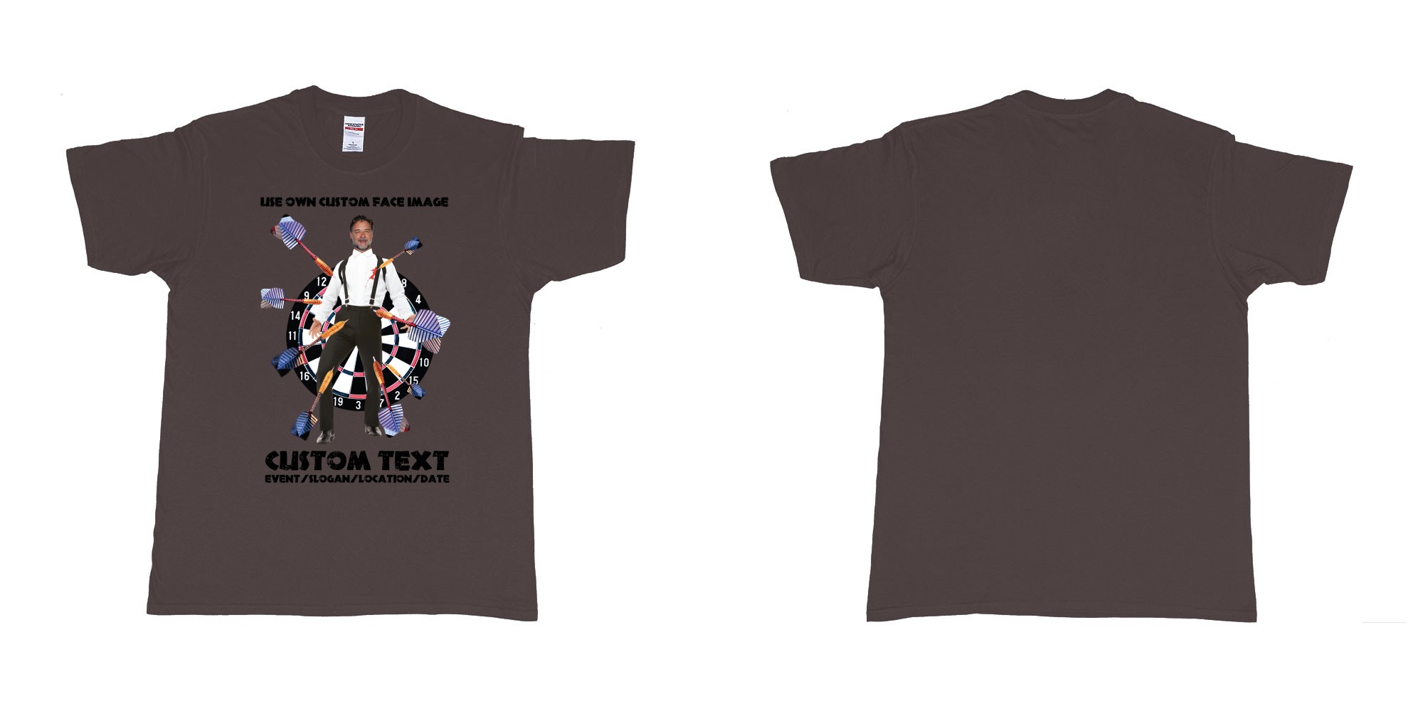 Custom tshirt design target darts custom face in fabric color dark-chocolate choice your own text made in Bali by The Pirate Way
