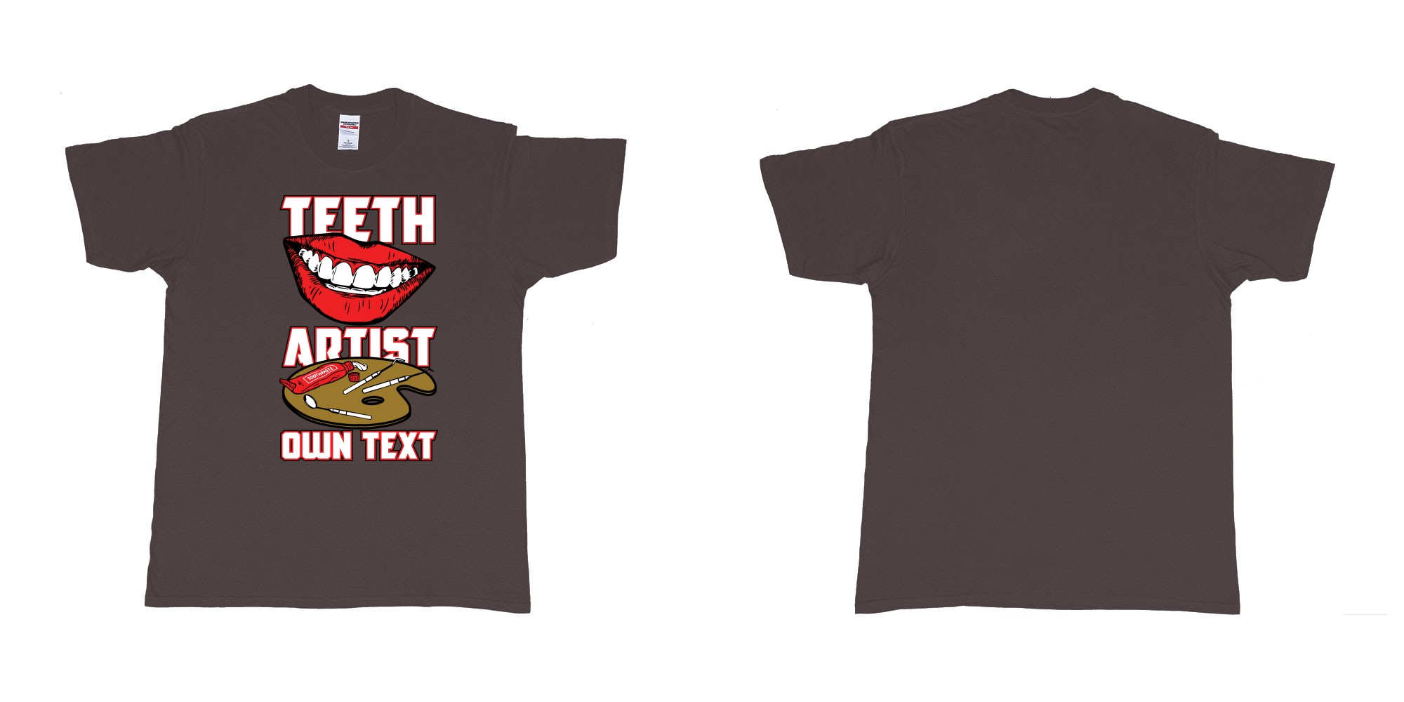 Custom tshirt design teeth artist own custom text tshirt print dentist bali in fabric color dark-chocolate choice your own text made in Bali by The Pirate Way