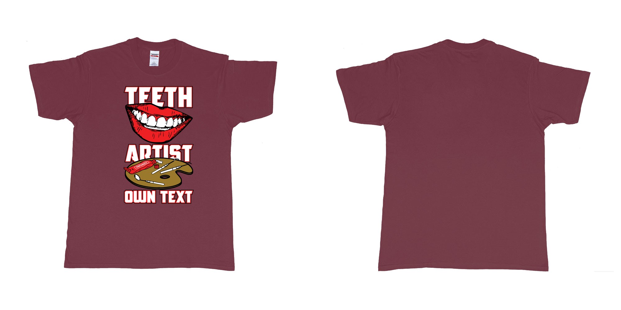 Custom tshirt design teeth artist own custom text tshirt print dentist bali in fabric color marron choice your own text made in Bali by The Pirate Way