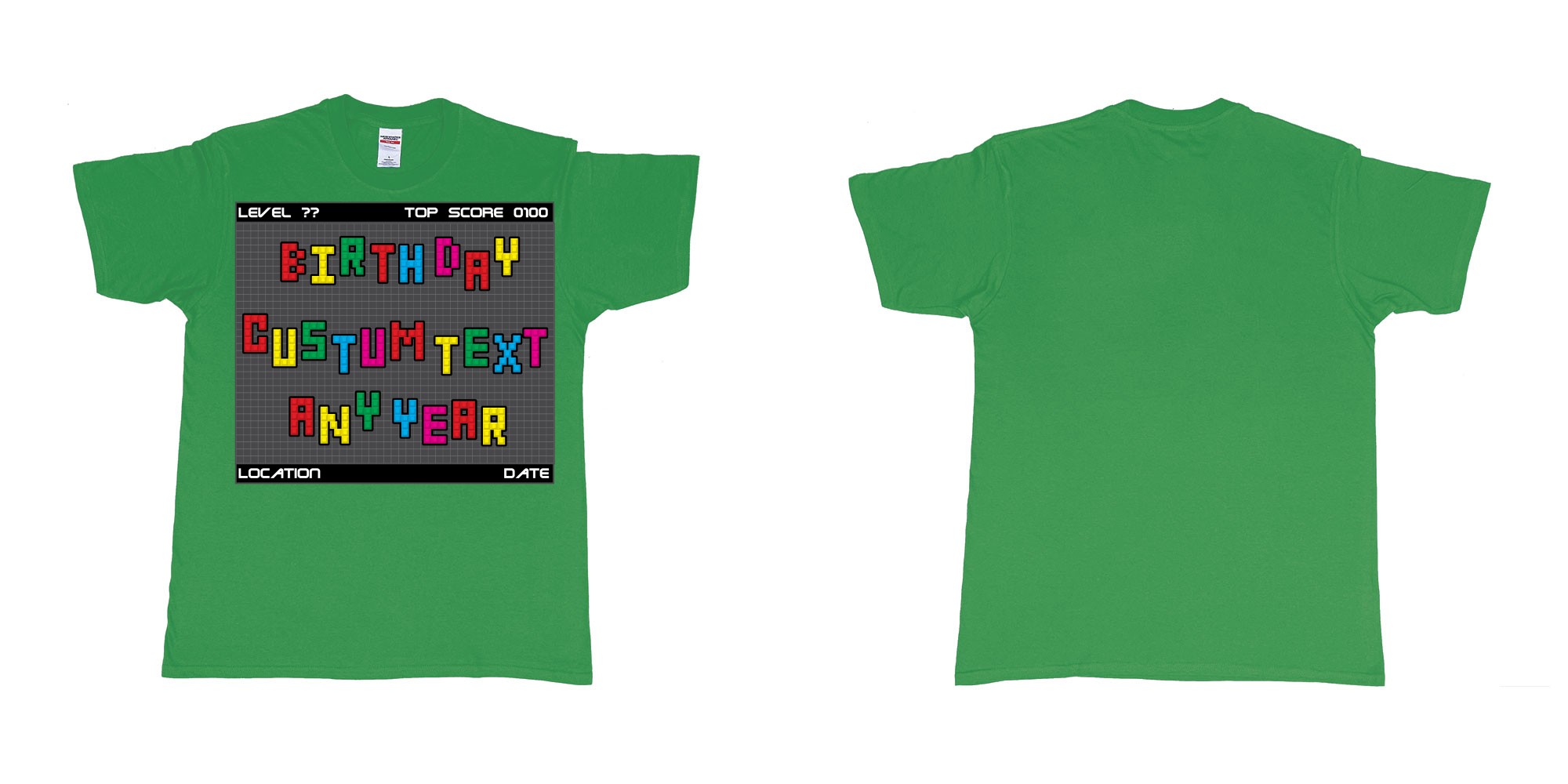 Custom tshirt design tetris block custom text birthday in fabric color irish-green choice your own text made in Bali by The Pirate Way
