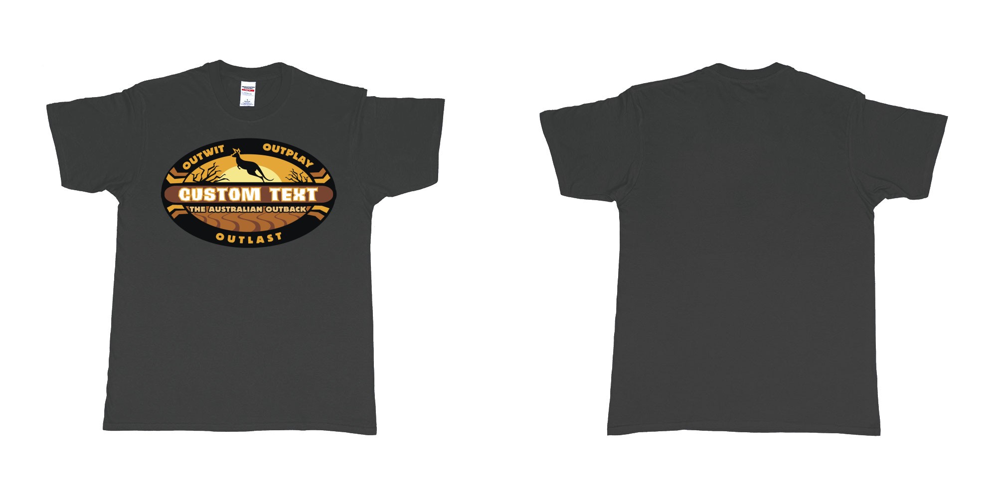 Custom tshirt design the australian outback survivor outwit outplay logo all own custom text print bali in fabric color black choice your own text made in Bali by The Pirate Way