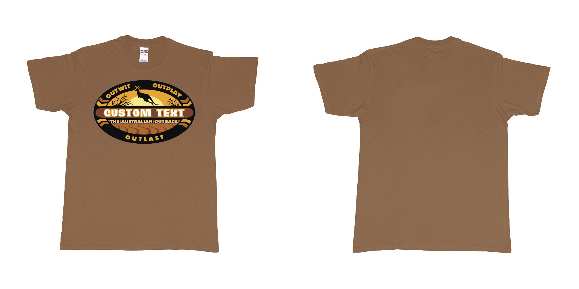 Custom tshirt design the australian outback survivor outwit outplay logo all own custom text print bali in fabric color chestnut choice your own text made in Bali by The Pirate Way