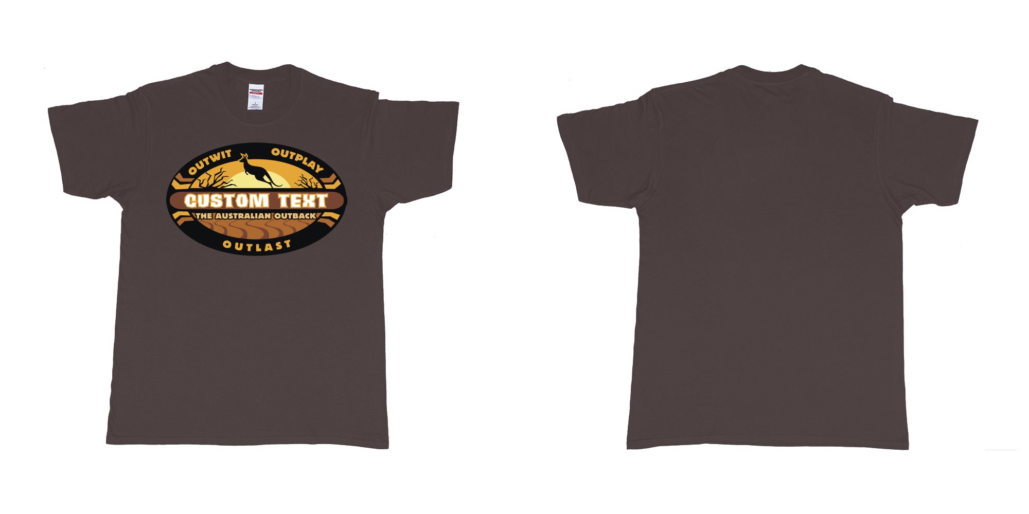 Custom tshirt design the australian outback survivor outwit outplay logo all own custom text print bali in fabric color dark-chocolate choice your own text made in Bali by The Pirate Way