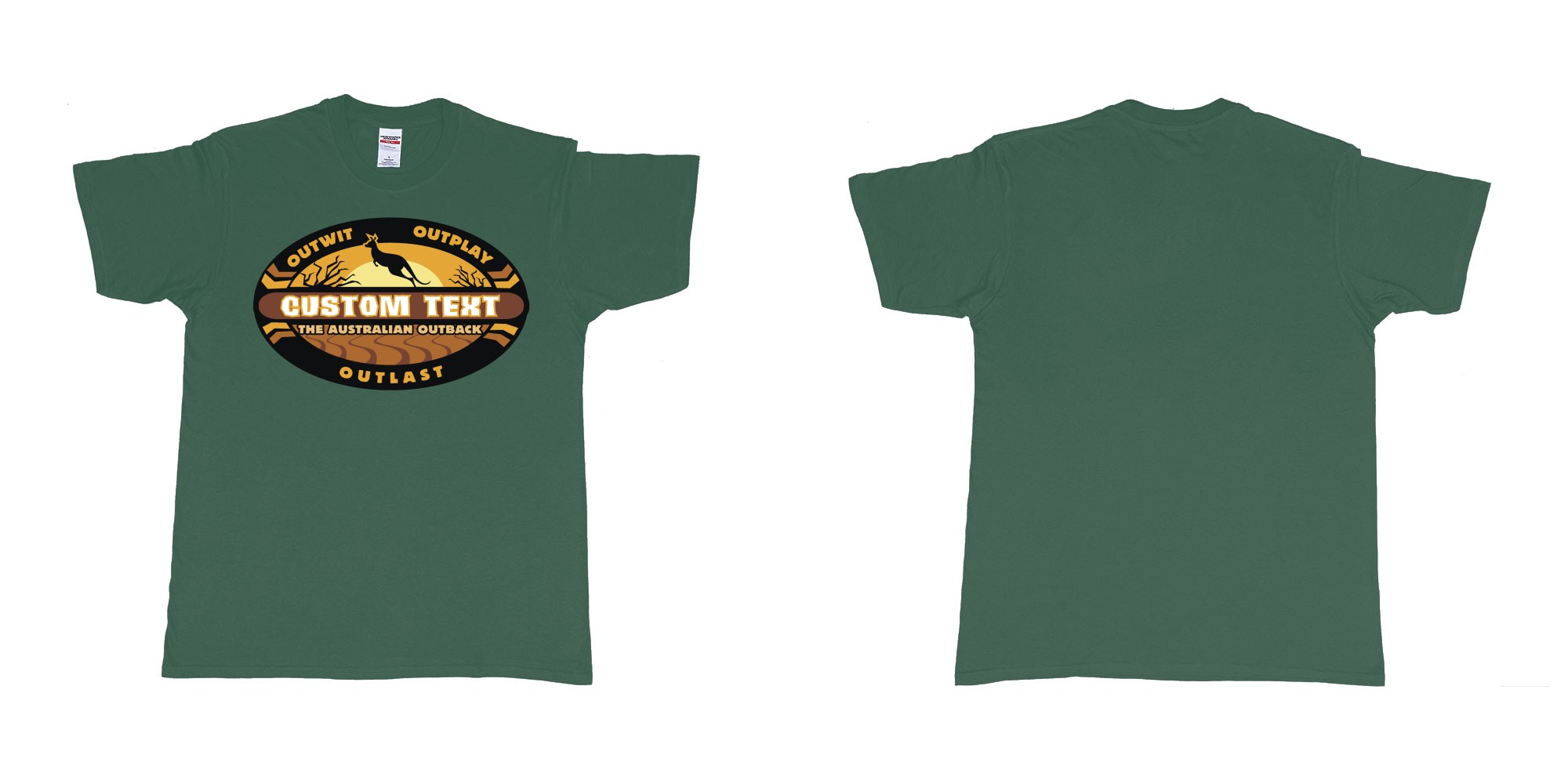 Custom tshirt design the australian outback survivor outwit outplay logo all own custom text print bali in fabric color forest-green choice your own text made in Bali by The Pirate Way