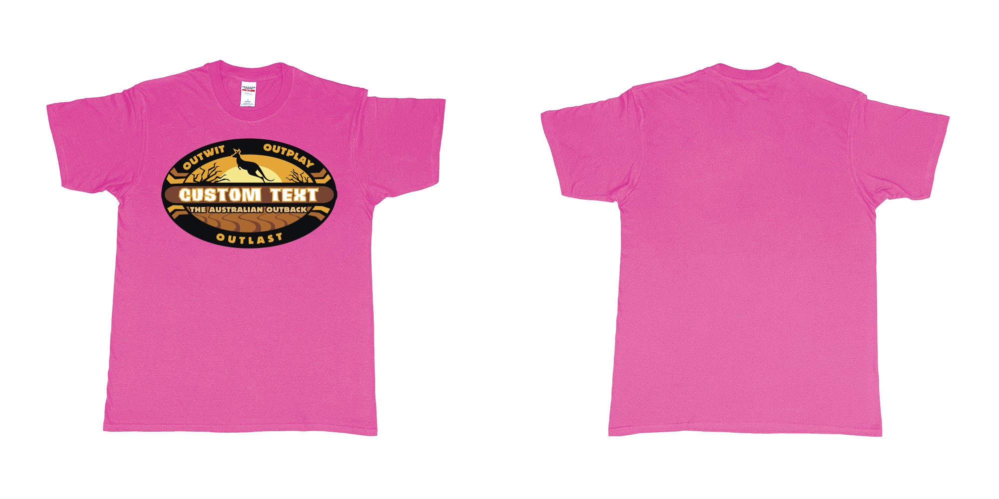 Custom tshirt design the australian outback survivor outwit outplay logo all own custom text print bali in fabric color heliconia choice your own text made in Bali by The Pirate Way