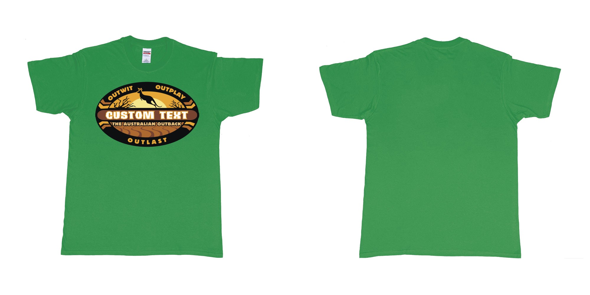 Custom tshirt design the australian outback survivor outwit outplay logo all own custom text print bali in fabric color irish-green choice your own text made in Bali by The Pirate Way