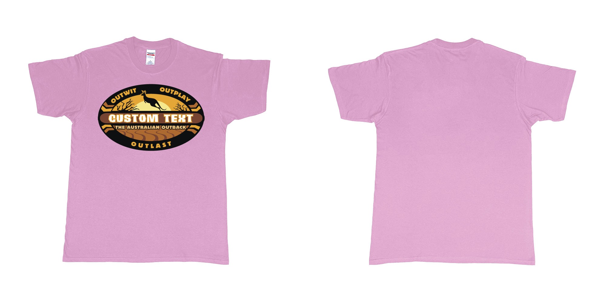 Custom tshirt design the australian outback survivor outwit outplay logo all own custom text print bali in fabric color light-pink choice your own text made in Bali by The Pirate Way