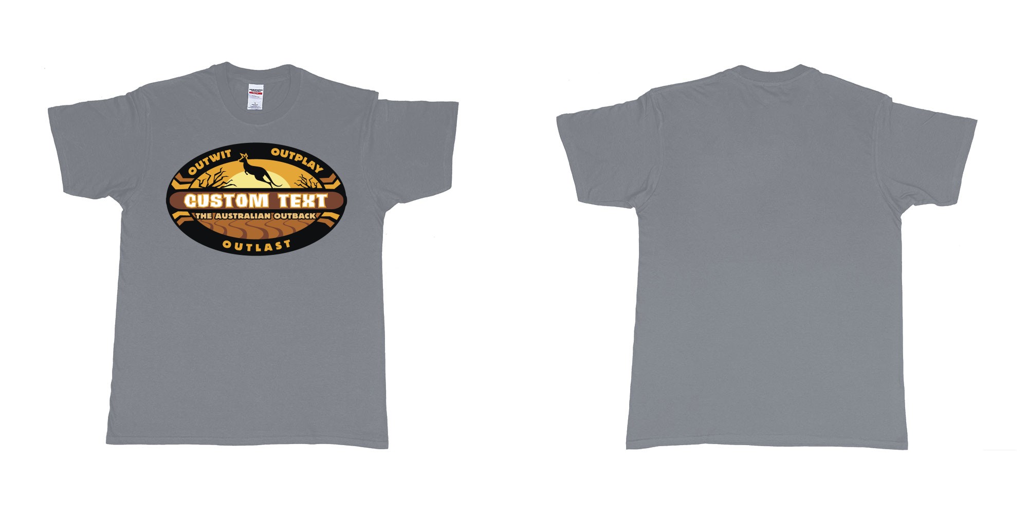 Custom tshirt design the australian outback survivor outwit outplay logo all own custom text print bali in fabric color misty choice your own text made in Bali by The Pirate Way