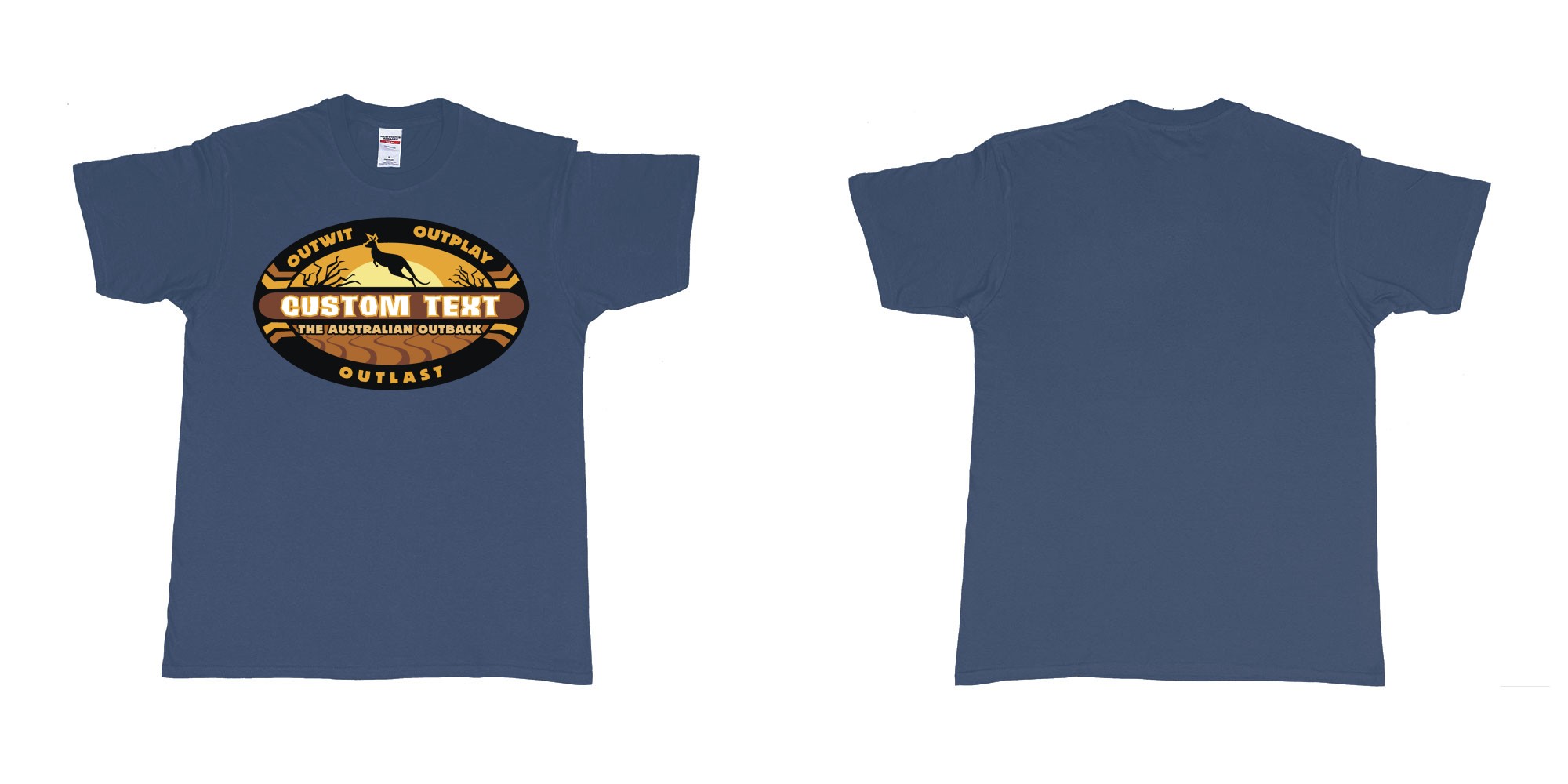 Custom tshirt design the australian outback survivor outwit outplay logo all own custom text print bali in fabric color navy choice your own text made in Bali by The Pirate Way