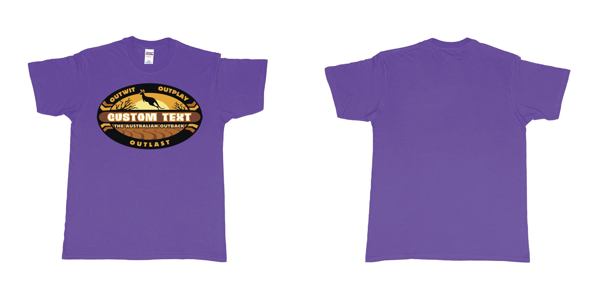 Custom tshirt design the australian outback survivor outwit outplay logo all own custom text print bali in fabric color purple choice your own text made in Bali by The Pirate Way