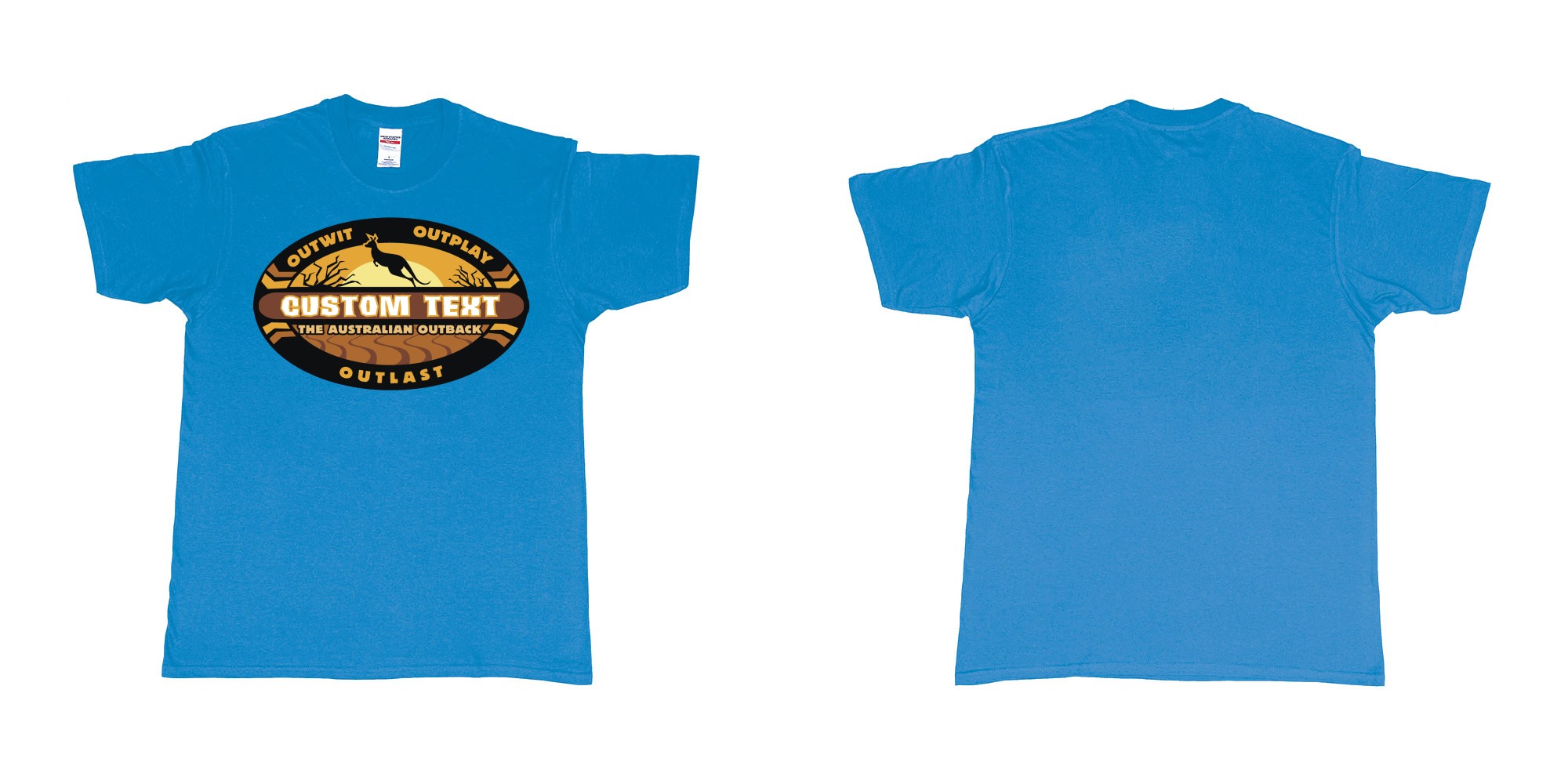 Custom tshirt design the australian outback survivor outwit outplay logo all own custom text print bali in fabric color sapphire choice your own text made in Bali by The Pirate Way