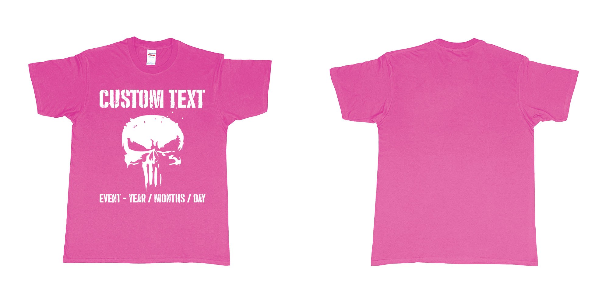 Custom tshirt design the punisher scull logo custom text in fabric color heliconia choice your own text made in Bali by The Pirate Way