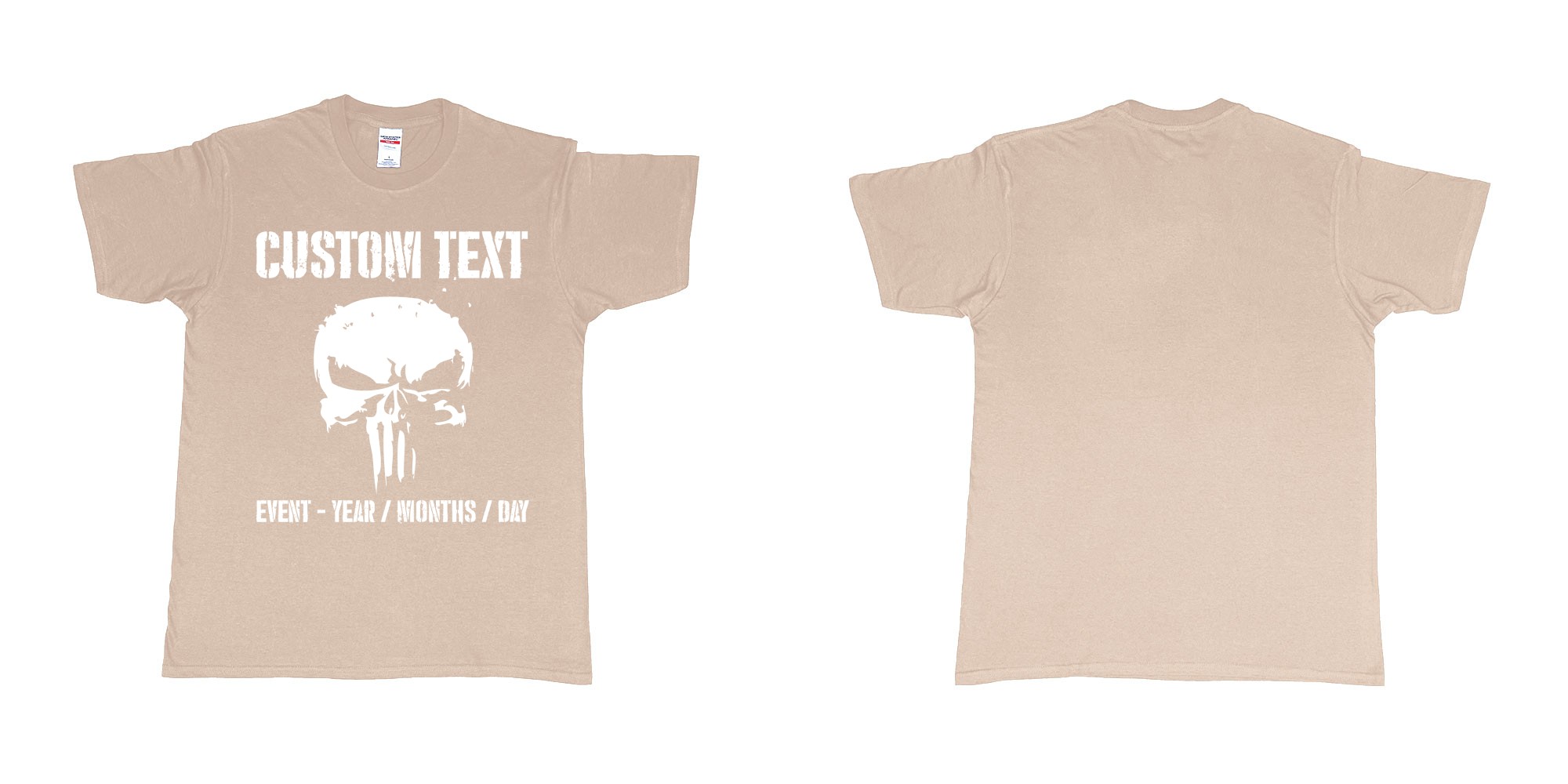 Custom tshirt design the punisher scull logo custom text in fabric color sand choice your own text made in Bali by The Pirate Way