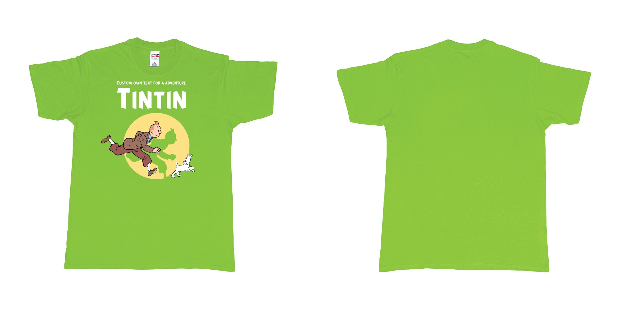 Custom tshirt design tintin custom text for adventure teeshirt printing in fabric color lime choice your own text made in Bali by The Pirate Way