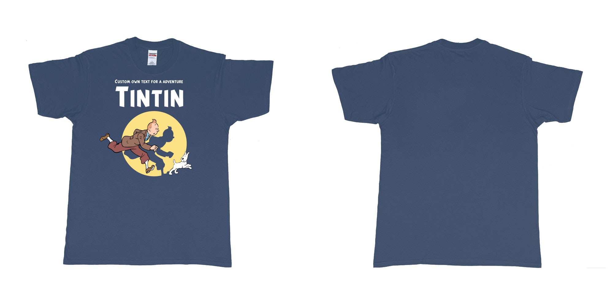 Custom tshirt design tintin custom text for adventure teeshirt printing in fabric color navy choice your own text made in Bali by The Pirate Way