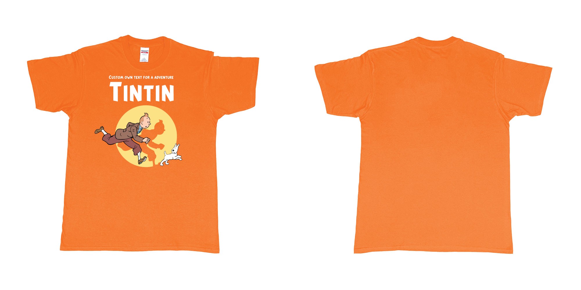 Custom tshirt design tintin custom text for adventure teeshirt printing in fabric color orange choice your own text made in Bali by The Pirate Way