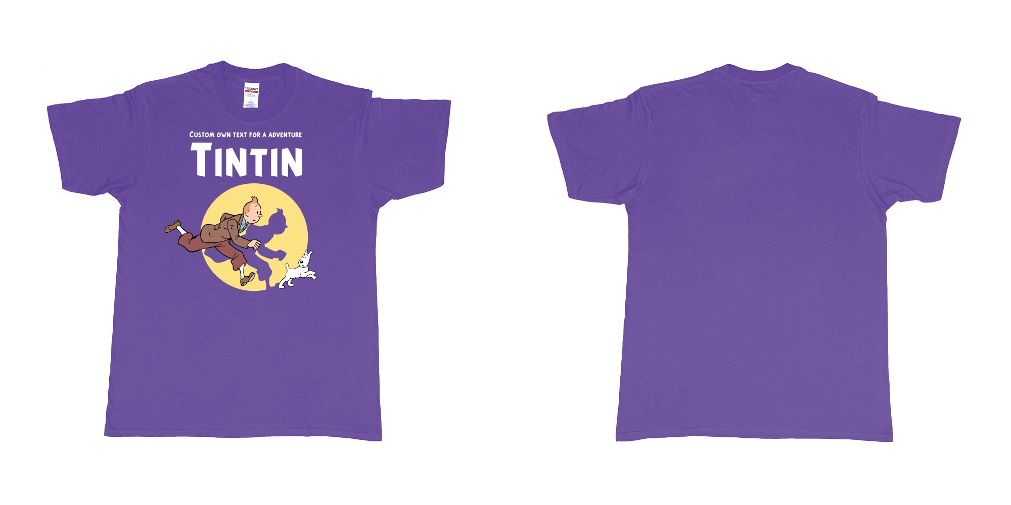 Custom tshirt design tintin custom text for adventure teeshirt printing in fabric color purple choice your own text made in Bali by The Pirate Way