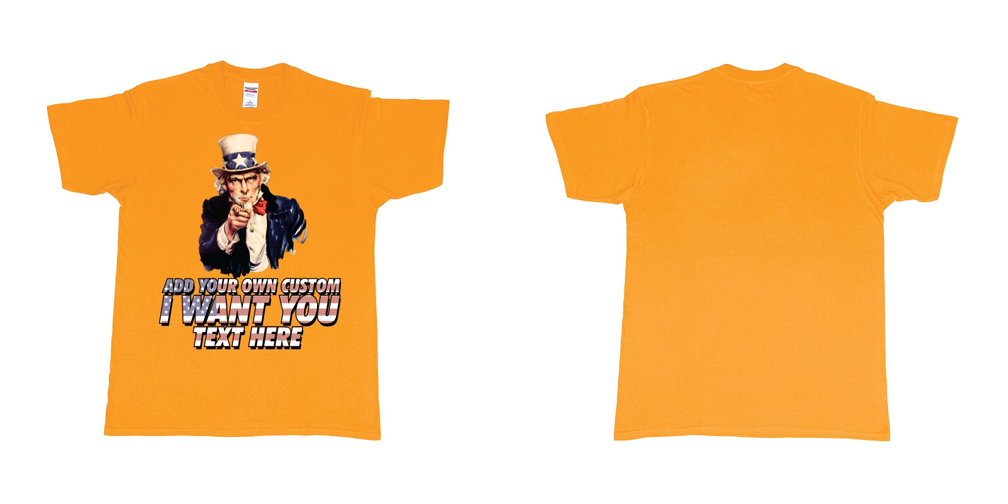 Custom tshirt design uncle sam i want you custom design own printing in fabric color gold choice your own text made in Bali by The Pirate Way