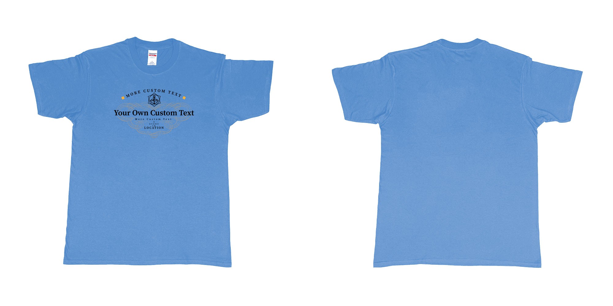 Custom tshirt design veuve clicquot yellow label in fabric color carolina-blue choice your own text made in Bali by The Pirate Way