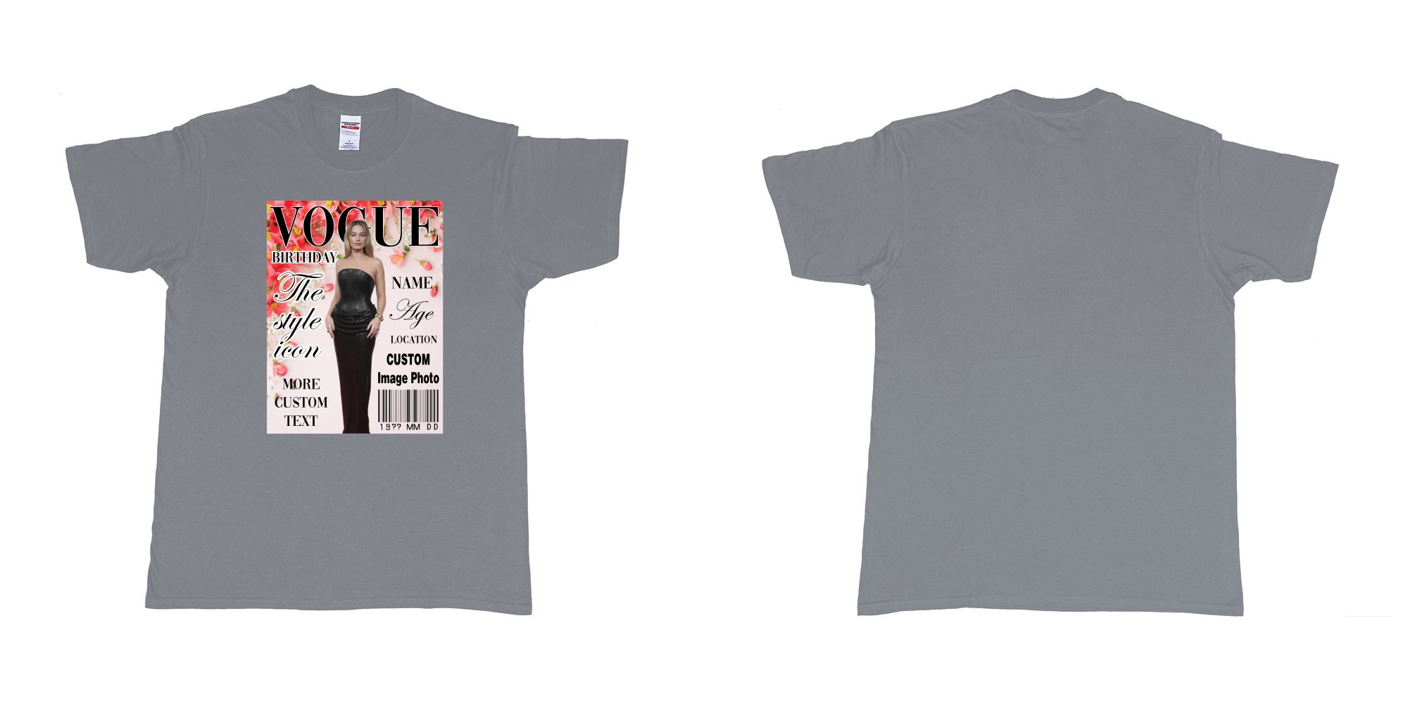 Custom tshirt design vogue custom image photo text flowers magazine cover in fabric color misty choice your own text made in Bali by The Pirate Way