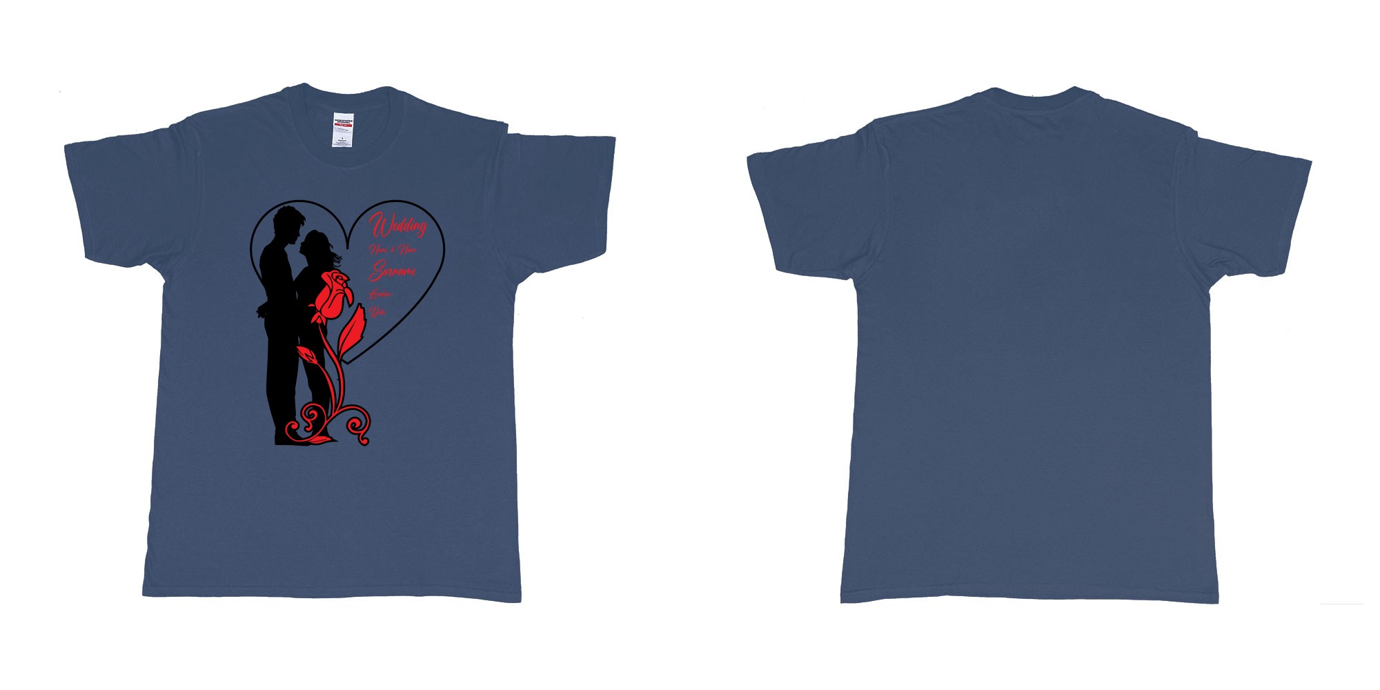 Custom tshirt design wedding couple rose heart in fabric color navy choice your own text made in Bali by The Pirate Way