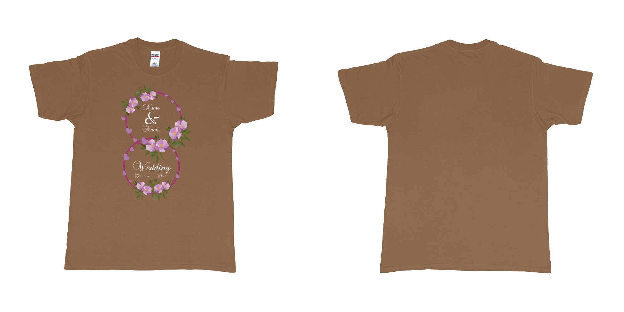 Custom tshirt design wedding hearts flower rings in fabric color chestnut choice your own text made in Bali by The Pirate Way