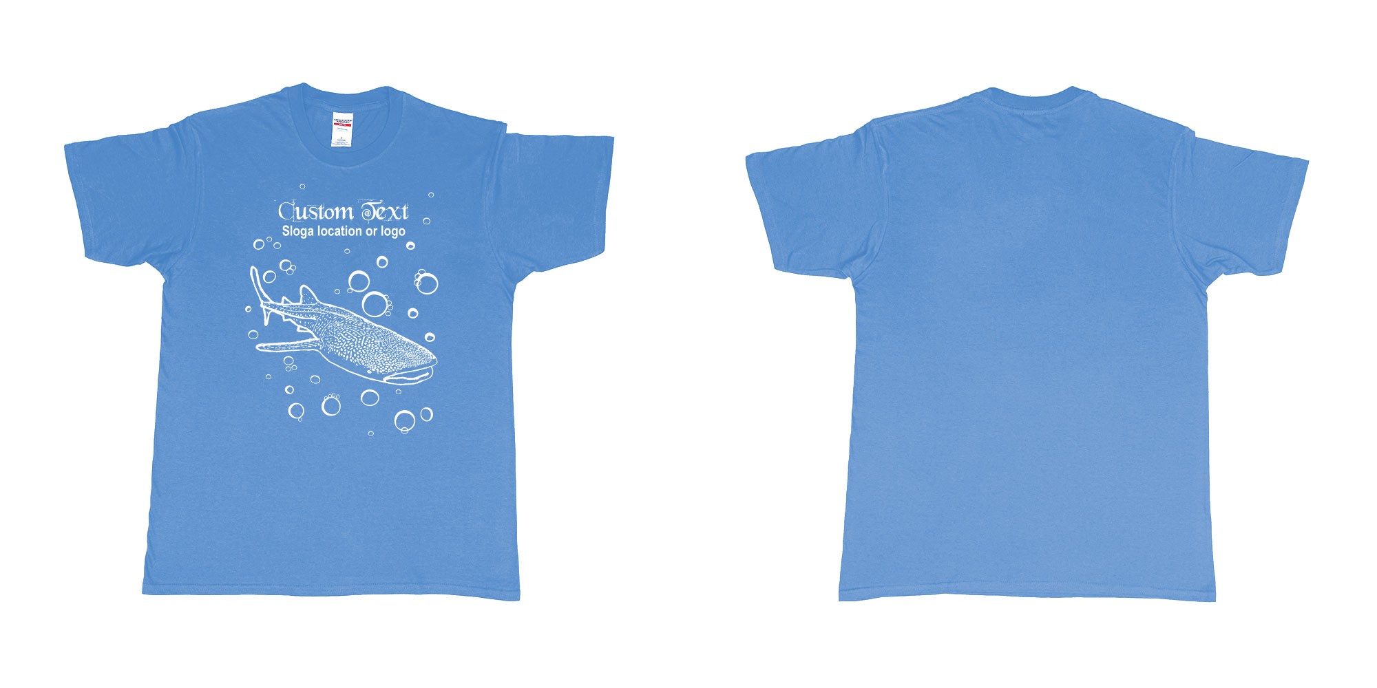 Custom tshirt design whale shark gili islands bubbles in fabric color carolina-blue choice your own text made in Bali by The Pirate Way