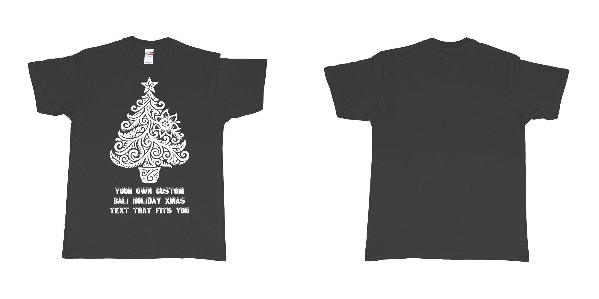 Custom tshirt design xmas tree tribal add own custom text tshirt print bali in fabric color black choice your own text made in Bali by The Pirate Way