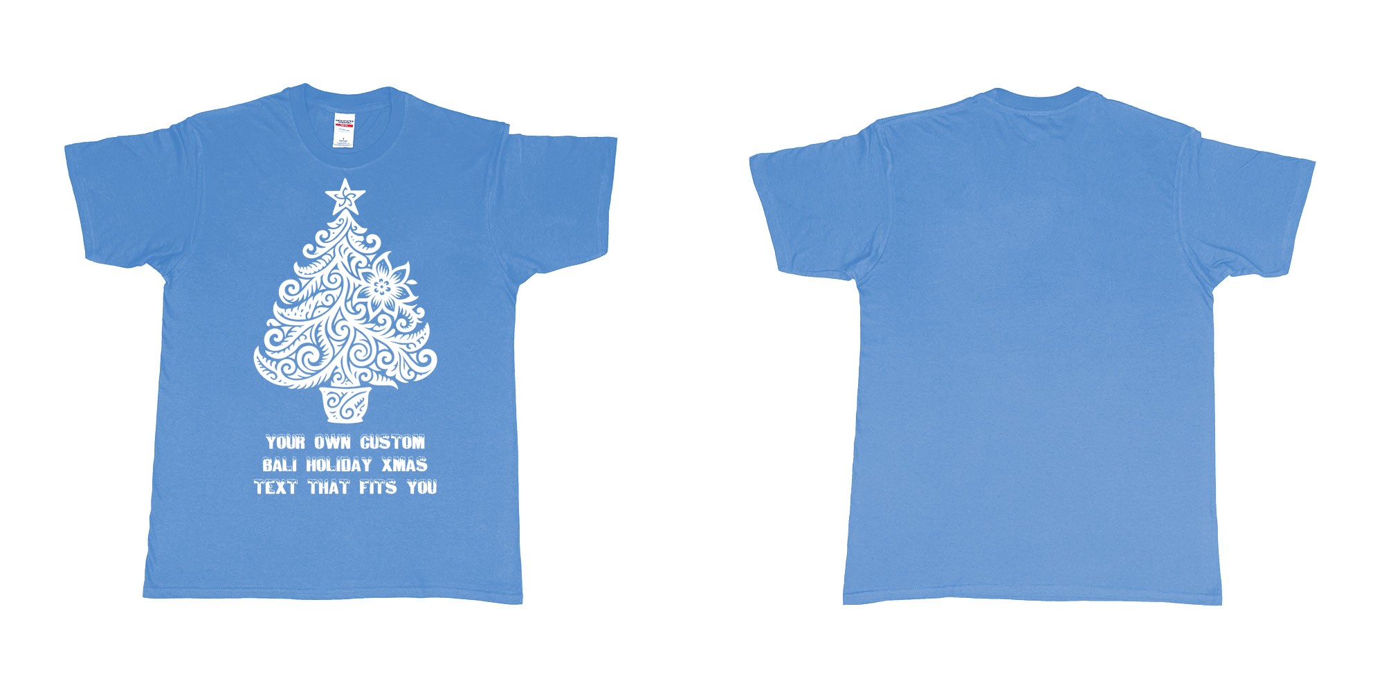 Custom tshirt design xmas tree tribal add own custom text tshirt print bali in fabric color carolina-blue choice your own text made in Bali by The Pirate Way