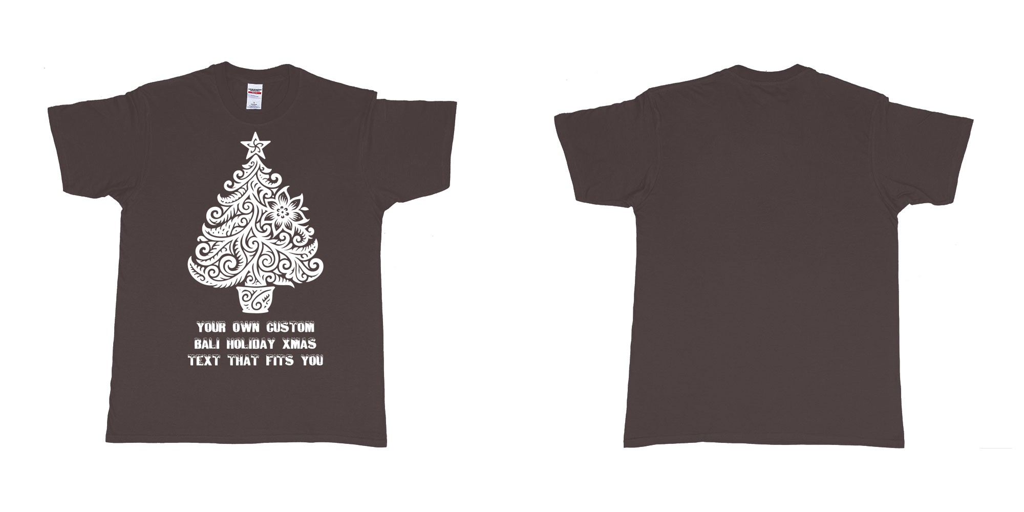 Custom tshirt design xmas tree tribal add own custom text tshirt print bali in fabric color dark-chocolate choice your own text made in Bali by The Pirate Way