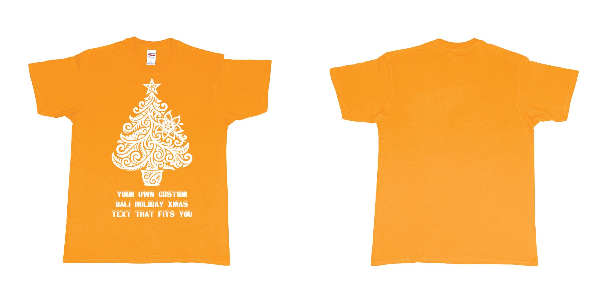 Custom tshirt design xmas tree tribal add own custom text tshirt print bali in fabric color gold choice your own text made in Bali by The Pirate Way