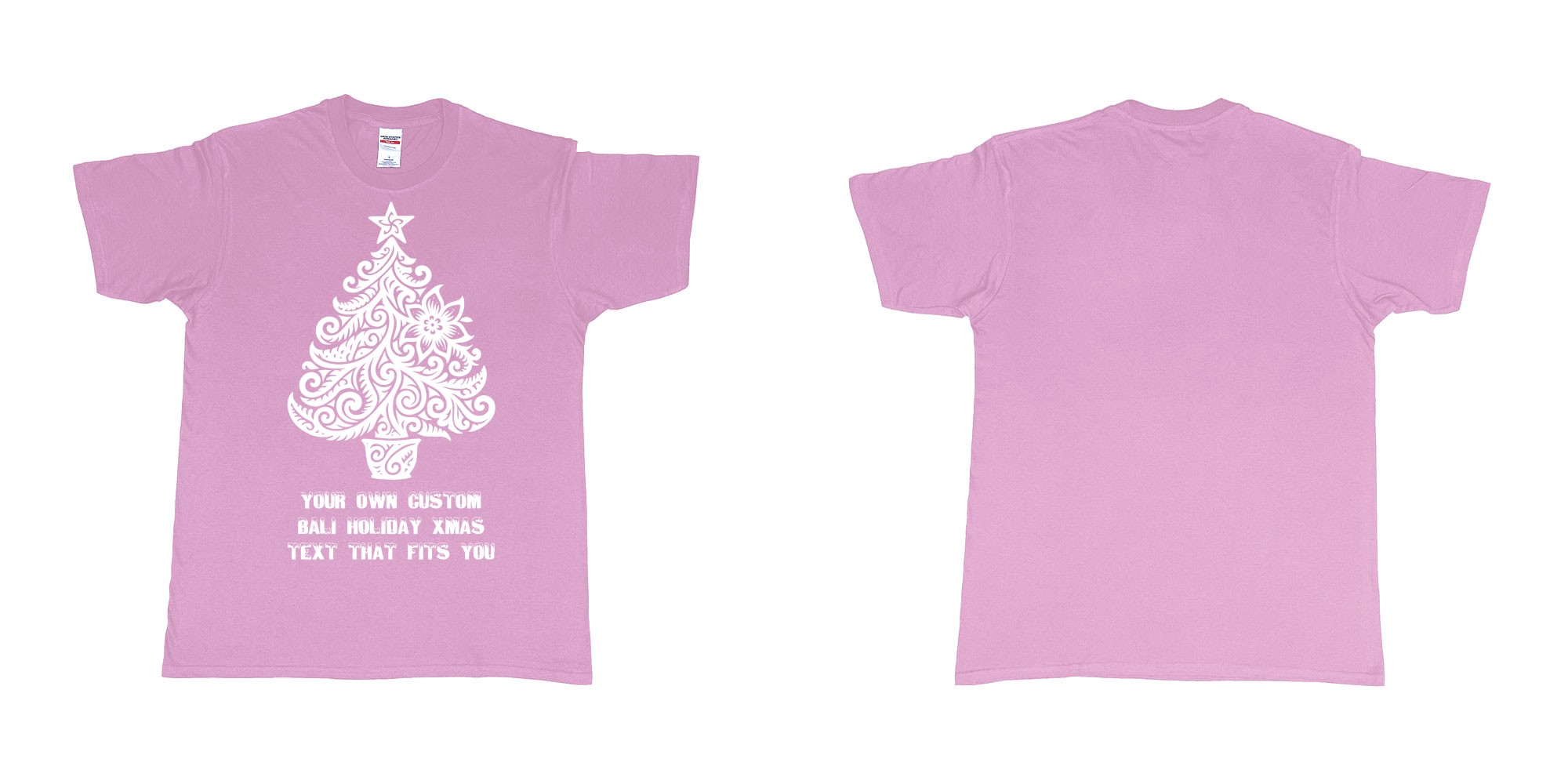 Custom tshirt design xmas tree tribal add own custom text tshirt print bali in fabric color light-pink choice your own text made in Bali by The Pirate Way