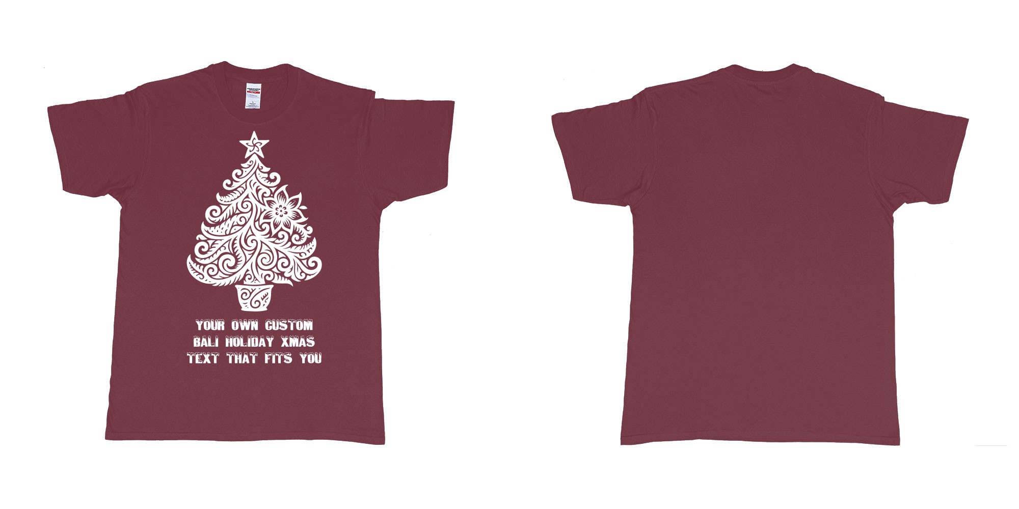 Custom tshirt design xmas tree tribal add own custom text tshirt print bali in fabric color marron choice your own text made in Bali by The Pirate Way