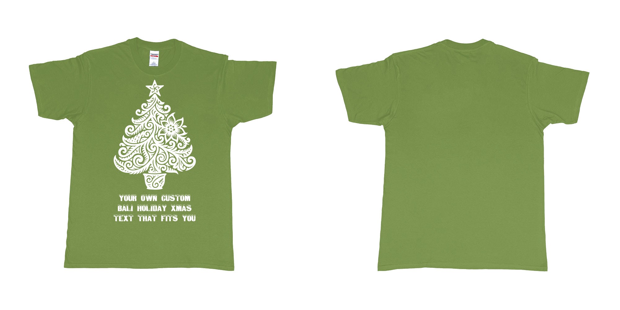 Custom tshirt design xmas tree tribal add own custom text tshirt print bali in fabric color military-green choice your own text made in Bali by The Pirate Way