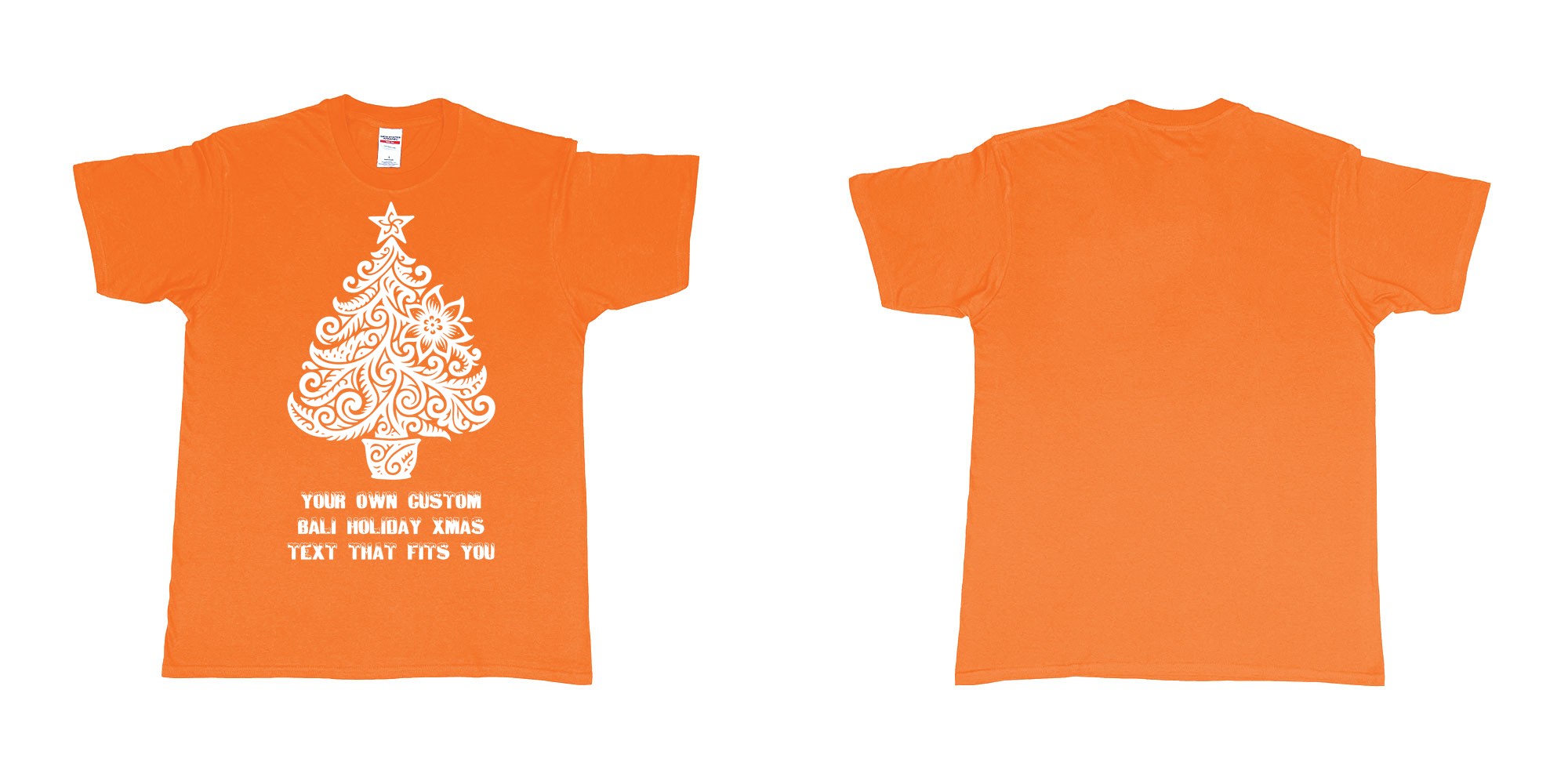 Custom tshirt design xmas tree tribal add own custom text tshirt print bali in fabric color orange choice your own text made in Bali by The Pirate Way
