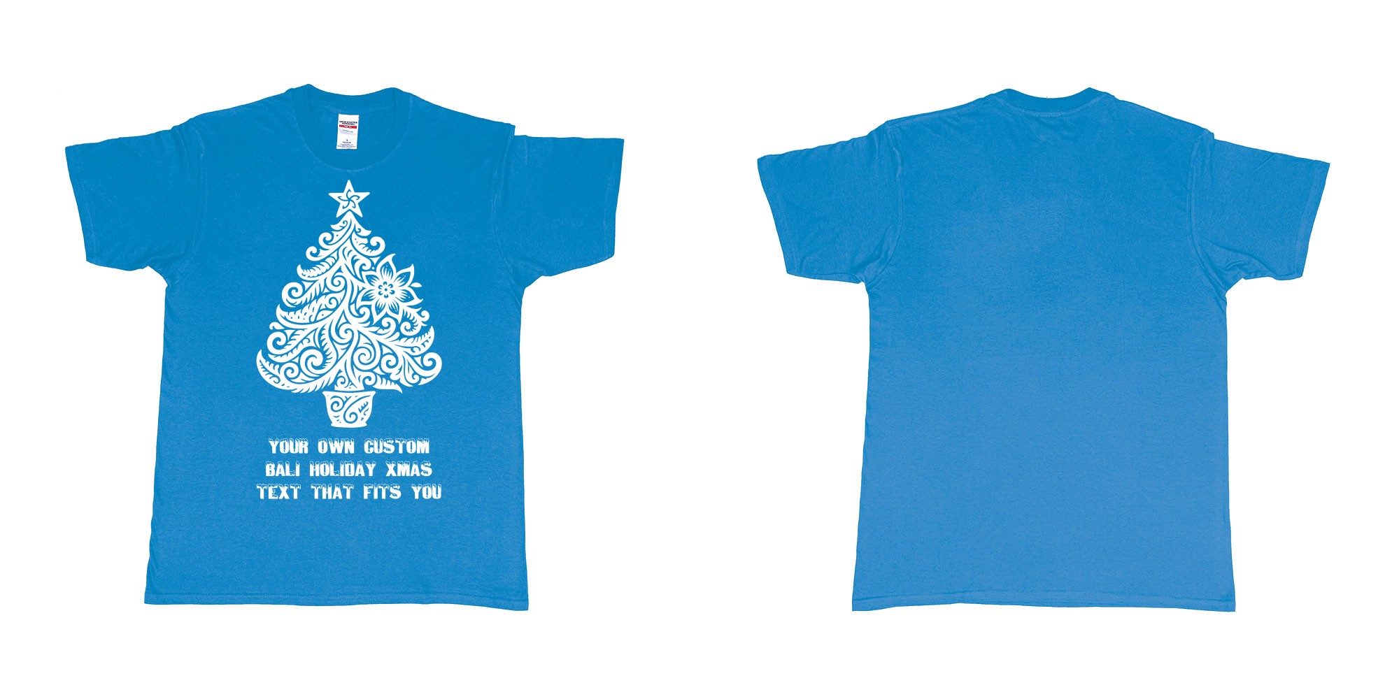 Custom tshirt design xmas tree tribal add own custom text tshirt print bali in fabric color sapphire choice your own text made in Bali by The Pirate Way