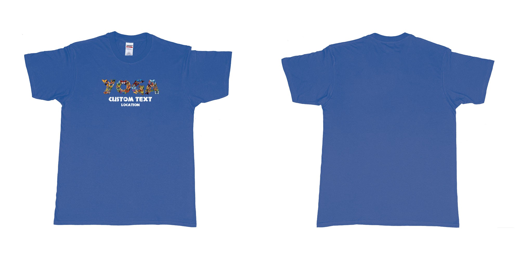 Custom tshirt design yoga butterflys custom text location in fabric color royal-blue choice your own text made in Bali by The Pirate Way