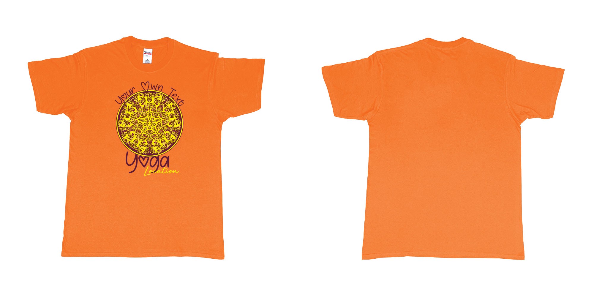 Custom tshirt design yoga mandala with people doing different yoga poses asanas own custom text printing in fabric color orange choice your own text made in Bali by The Pirate Way