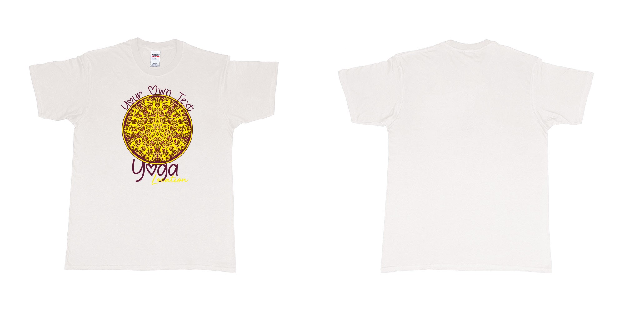 Custom tshirt design yoga mandala with people doing different yoga poses asanas own custom text printing in fabric color white choice your own text made in Bali by The Pirate Way