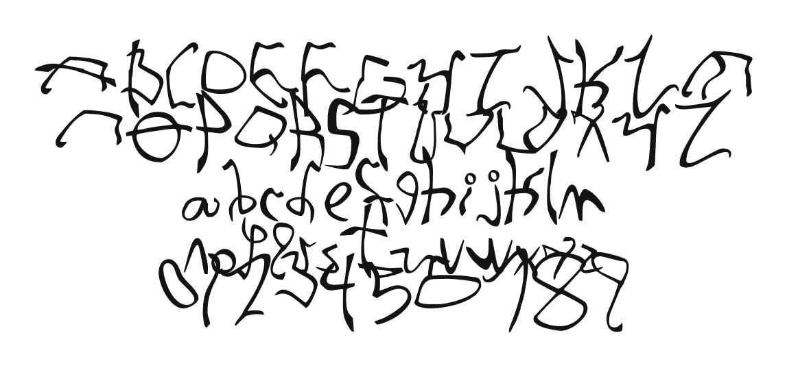 001-Stretched-Strung: every letter, A to Z and a to z, and the numbers 0 to 9