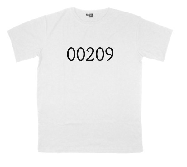 00209 printed on a t-shirt