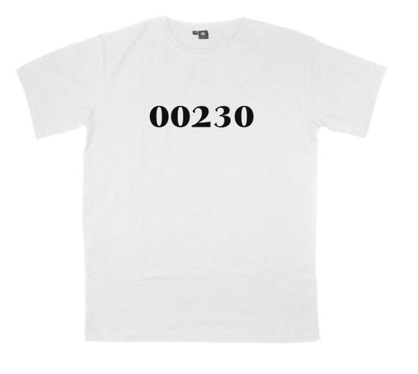 00230 printed on a t-shirt