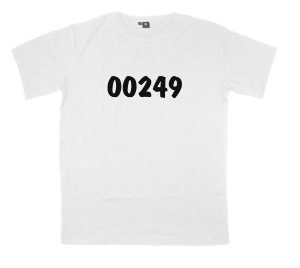 00249 printed on a t-shirt