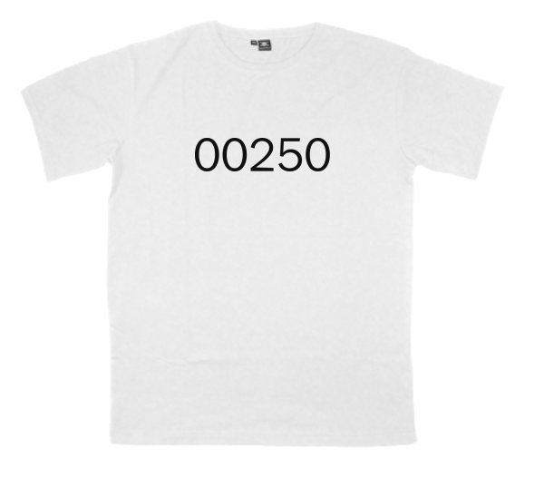 00250 printed on a t-shirt