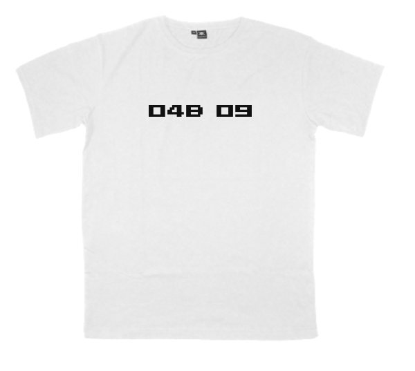 04b-09 printed on a t-shirt