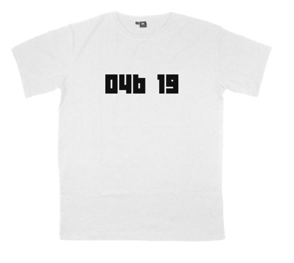 04b-19 printed on a t-shirt