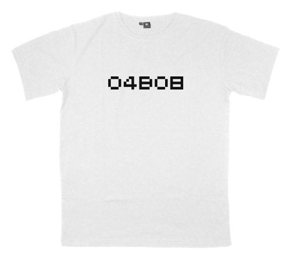 04b08 printed on a t-shirt