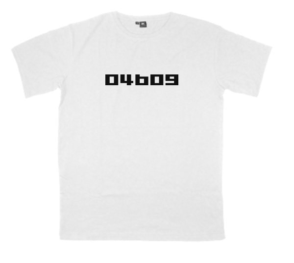 04b09 printed on a t-shirt